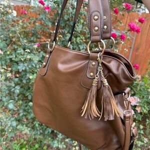 Brown Leather Hobo Tote Tassel Bag
